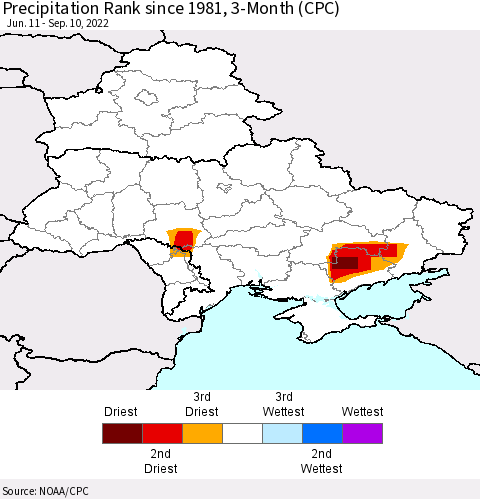 Ukraine, Moldova and Belarus Precipitation Rank since 1981, 3-Month (CPC) Thematic Map For 6/11/2022 - 9/10/2022