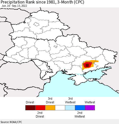 Ukraine, Moldova and Belarus Precipitation Rank since 1981, 3-Month (CPC) Thematic Map For 6/16/2022 - 9/15/2022