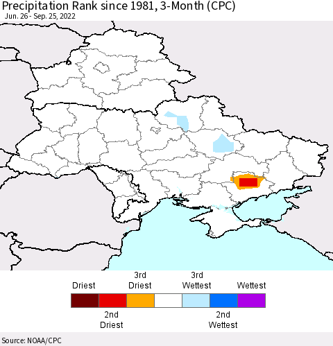 Ukraine, Moldova and Belarus Precipitation Rank since 1981, 3-Month (CPC) Thematic Map For 6/26/2022 - 9/25/2022
