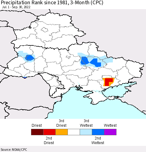 Ukraine, Moldova and Belarus Precipitation Rank since 1981, 3-Month (CPC) Thematic Map For 7/1/2022 - 9/30/2022