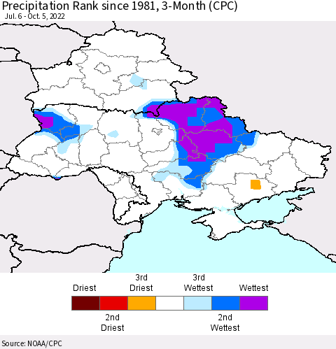 Ukraine, Moldova and Belarus Precipitation Rank 3-Month (CPC) Thematic Map For 7/6/2022 - 10/5/2022