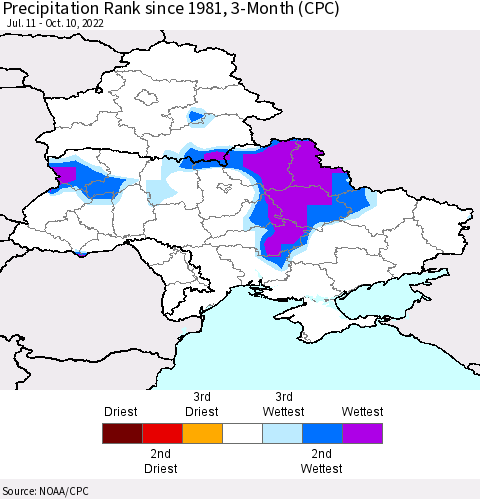 Ukraine, Moldova and Belarus Precipitation Rank since 1981, 3-Month (CPC) Thematic Map For 7/11/2022 - 10/10/2022
