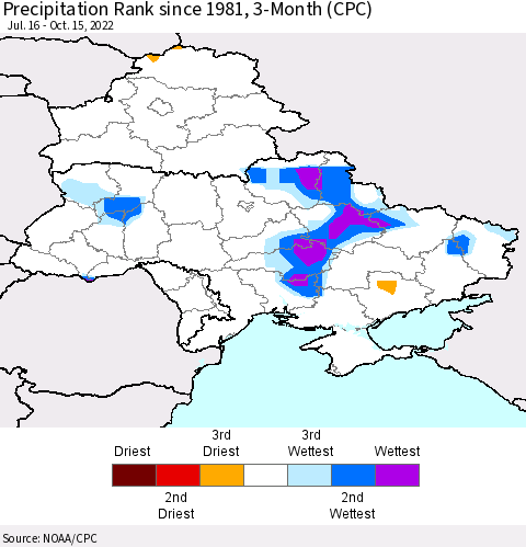 Ukraine, Moldova and Belarus Precipitation Rank since 1981, 3-Month (CPC) Thematic Map For 7/16/2022 - 10/15/2022
