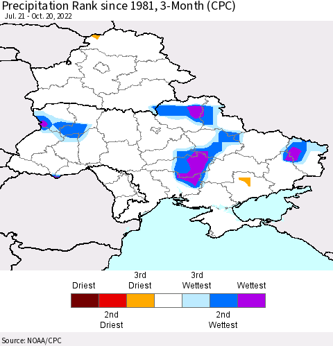 Ukraine, Moldova and Belarus Precipitation Rank 3-Month (CPC) Thematic Map For 7/21/2022 - 10/20/2022