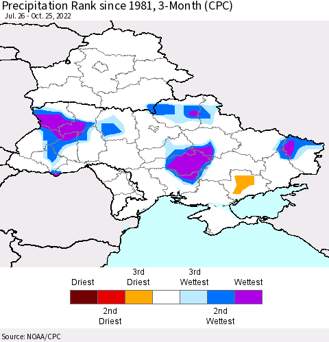Ukraine, Moldova and Belarus Precipitation Rank 3-Month (CPC) Thematic Map For 7/26/2022 - 10/25/2022