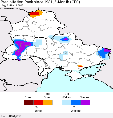 Ukraine, Moldova and Belarus Precipitation Rank since 1981, 3-Month (CPC) Thematic Map For 8/6/2022 - 11/5/2022