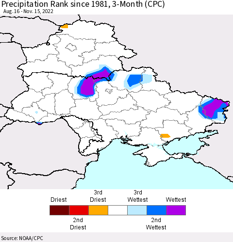 Ukraine, Moldova and Belarus Precipitation Rank 3-Month (CPC) Thematic Map For 8/16/2022 - 11/15/2022