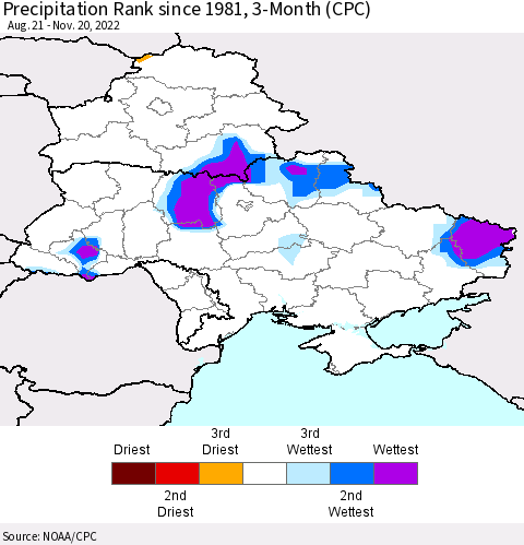 Ukraine, Moldova and Belarus Precipitation Rank 3-Month (CPC) Thematic Map For 8/21/2022 - 11/20/2022