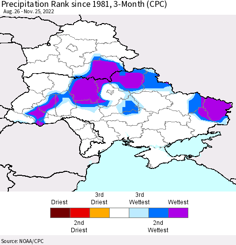 Ukraine, Moldova and Belarus Precipitation Rank since 1981, 3-Month (CPC) Thematic Map For 8/26/2022 - 11/25/2022