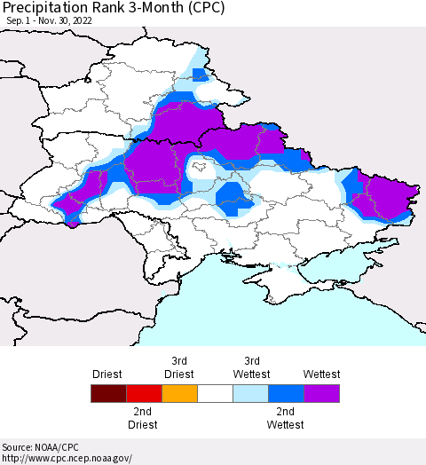 Ukraine, Moldova and Belarus Precipitation Rank 3-Month (CPC) Thematic Map For 9/1/2022 - 11/30/2022