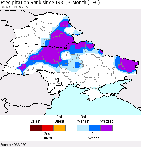 Ukraine, Moldova and Belarus Precipitation Rank since 1981, 3-Month (CPC) Thematic Map For 9/6/2022 - 12/5/2022