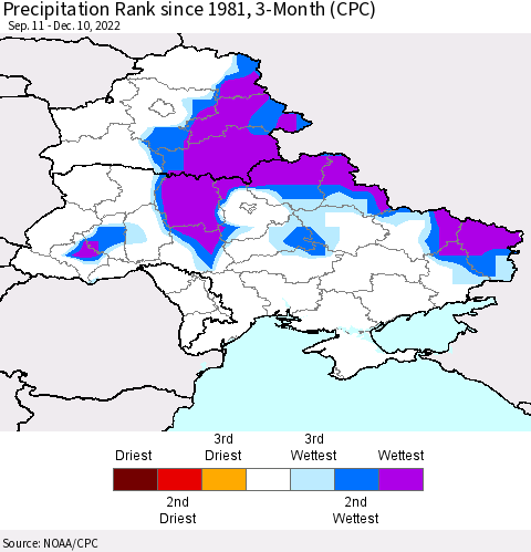 Ukraine, Moldova and Belarus Precipitation Rank 3-Month (CPC) Thematic Map For 9/11/2022 - 12/10/2022