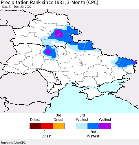 Ukraine, Moldova and Belarus Precipitation Rank since 1981, 3-Month (CPC) Thematic Map For 9/21/2022 - 12/20/2022