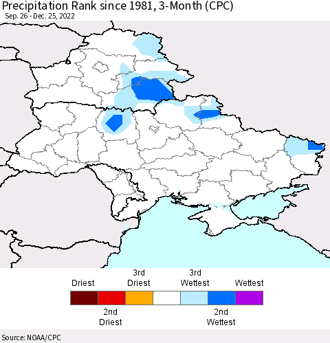 Ukraine, Moldova and Belarus Precipitation Rank 3-Month (CPC) Thematic Map For 9/26/2022 - 12/25/2022