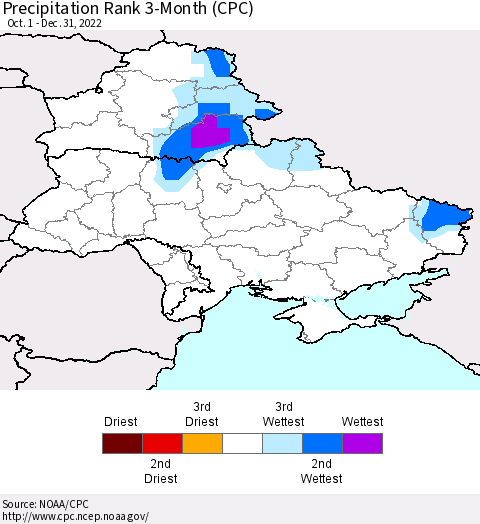 Ukraine, Moldova and Belarus Precipitation Rank 3-Month (CPC) Thematic Map For 10/1/2022 - 12/31/2022