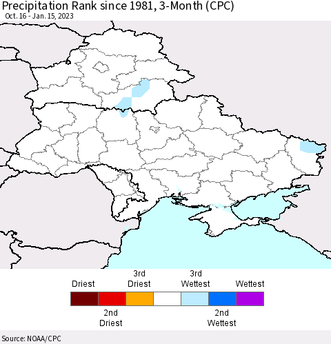 Ukraine, Moldova and Belarus Precipitation Rank 3-Month (CPC) Thematic Map For 10/16/2022 - 1/15/2023