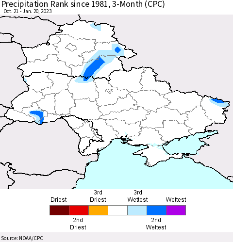 Ukraine, Moldova and Belarus Precipitation Rank 3-Month (CPC) Thematic Map For 10/21/2022 - 1/20/2023