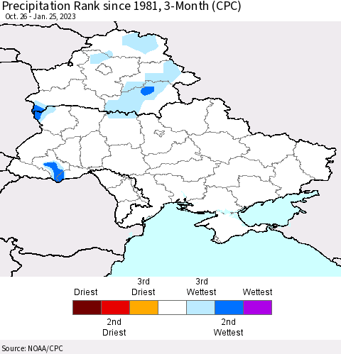 Ukraine, Moldova and Belarus Precipitation Rank 3-Month (CPC) Thematic Map For 10/26/2022 - 1/25/2023