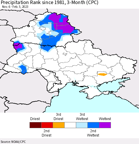 Ukraine, Moldova and Belarus Precipitation Rank 3-Month (CPC) Thematic Map For 11/6/2022 - 2/5/2023