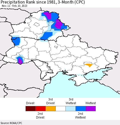 Ukraine, Moldova and Belarus Precipitation Rank since 1981, 3-Month (CPC) Thematic Map For 11/11/2022 - 2/10/2023