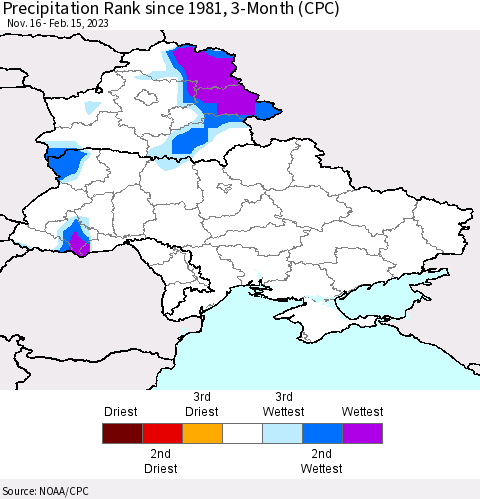 Ukraine, Moldova and Belarus Precipitation Rank 3-Month (CPC) Thematic Map For 11/16/2022 - 2/15/2023