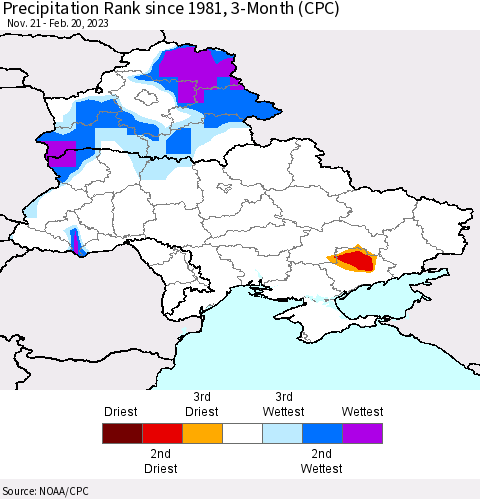 Ukraine, Moldova and Belarus Precipitation Rank 3-Month (CPC) Thematic Map For 11/21/2022 - 2/20/2023