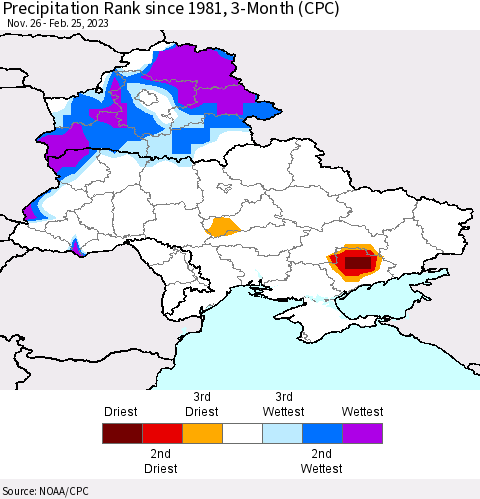 Ukraine, Moldova and Belarus Precipitation Rank since 1981, 3-Month (CPC) Thematic Map For 11/26/2022 - 2/25/2023