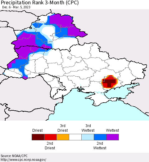 Ukraine, Moldova and Belarus Precipitation Rank 3-Month (CPC) Thematic Map For 12/6/2022 - 3/5/2023