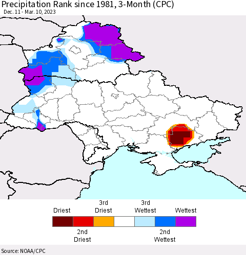 Ukraine, Moldova and Belarus Precipitation Rank 3-Month (CPC) Thematic Map For 12/11/2022 - 3/10/2023