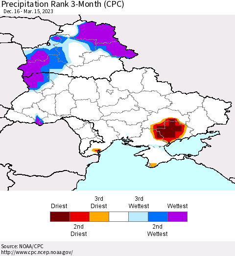 Ukraine, Moldova and Belarus Precipitation Rank 3-Month (CPC) Thematic Map For 12/16/2022 - 3/15/2023