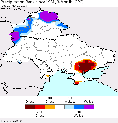 Ukraine, Moldova and Belarus Precipitation Rank since 1981, 3-Month (CPC) Thematic Map For 12/21/2022 - 3/20/2023