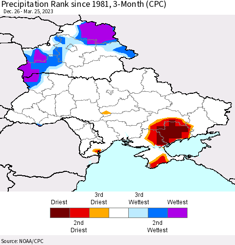 Ukraine, Moldova and Belarus Precipitation Rank 3-Month (CPC) Thematic Map For 12/26/2022 - 3/25/2023