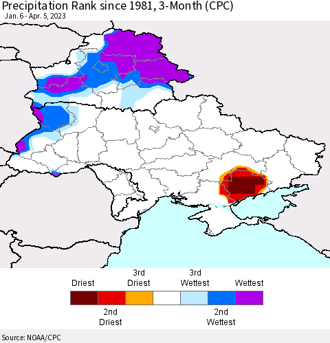 Ukraine, Moldova and Belarus Precipitation Rank since 1981, 3-Month (CPC) Thematic Map For 1/6/2023 - 4/5/2023