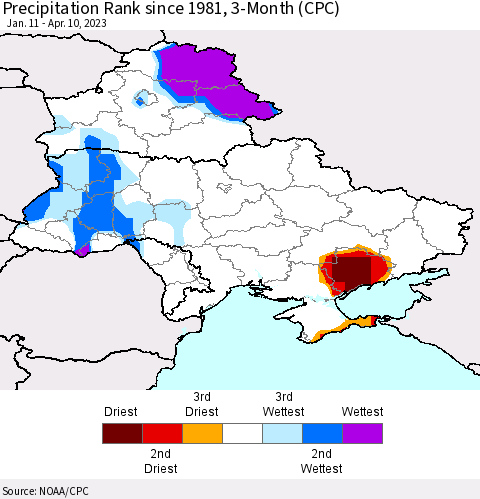 Ukraine, Moldova and Belarus Precipitation Rank since 1981, 3-Month (CPC) Thematic Map For 1/11/2023 - 4/10/2023
