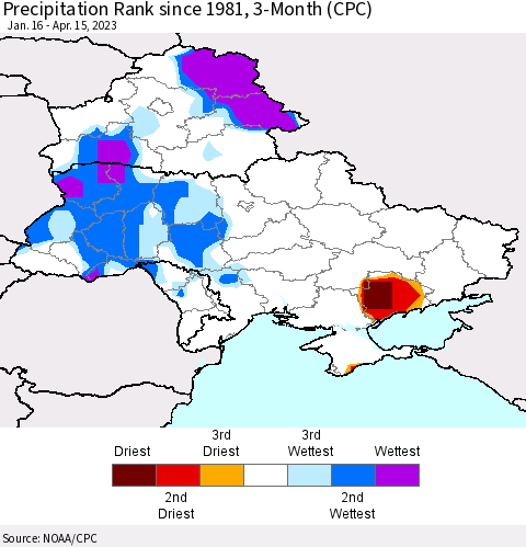 Ukraine, Moldova and Belarus Precipitation Rank since 1981, 3-Month (CPC) Thematic Map For 1/16/2023 - 4/15/2023