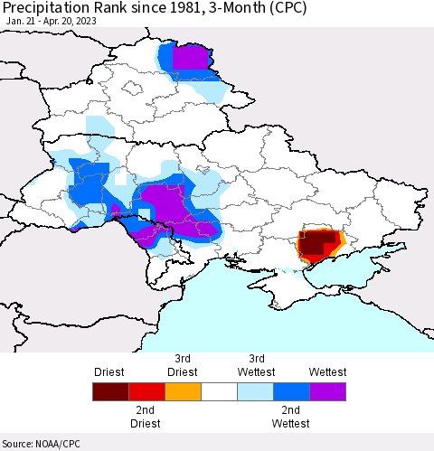 Ukraine, Moldova and Belarus Precipitation Rank since 1981, 3-Month (CPC) Thematic Map For 1/21/2023 - 4/20/2023