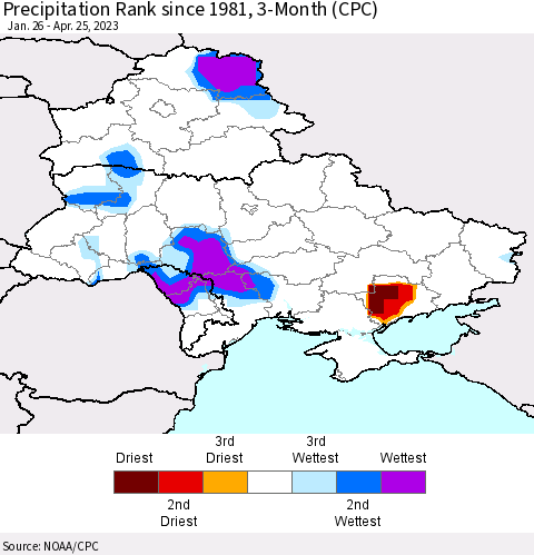Ukraine, Moldova and Belarus Precipitation Rank since 1981, 3-Month (CPC) Thematic Map For 1/26/2023 - 4/25/2023