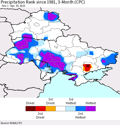 Ukraine, Moldova and Belarus Precipitation Rank since 1981, 3-Month (CPC) Thematic Map For 2/1/2023 - 4/30/2023