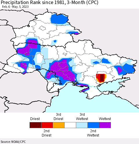 Ukraine, Moldova and Belarus Precipitation Rank since 1981, 3-Month (CPC) Thematic Map For 2/6/2023 - 5/5/2023