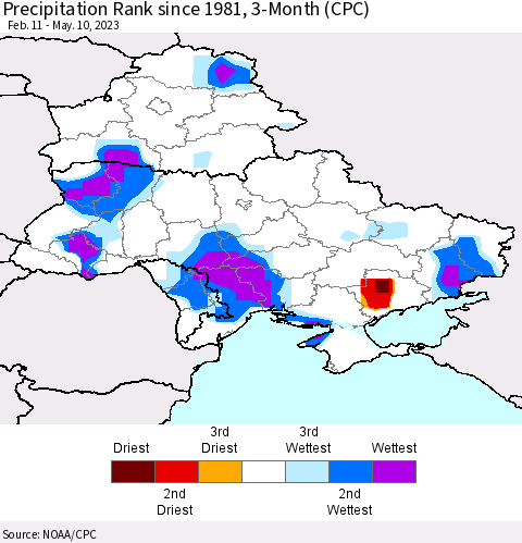 Ukraine, Moldova and Belarus Precipitation Rank since 1981, 3-Month (CPC) Thematic Map For 2/11/2023 - 5/10/2023