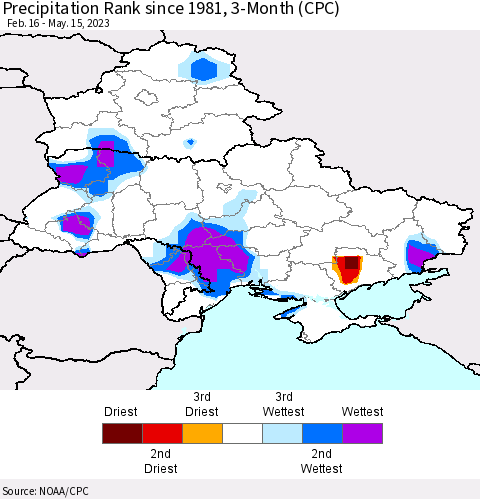 Ukraine, Moldova and Belarus Precipitation Rank since 1981, 3-Month (CPC) Thematic Map For 2/16/2023 - 5/15/2023