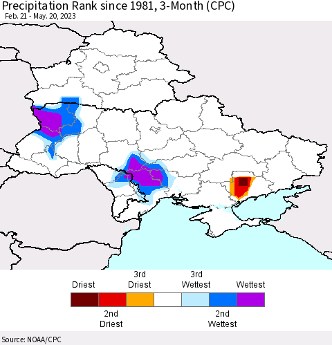 Ukraine, Moldova and Belarus Precipitation Rank since 1981, 3-Month (CPC) Thematic Map For 2/21/2023 - 5/20/2023