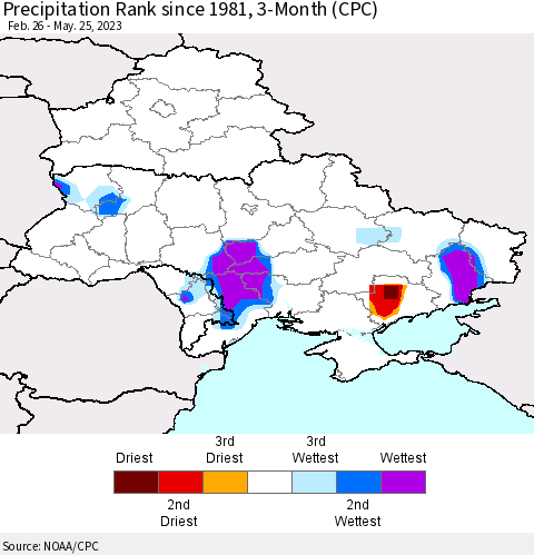 Ukraine, Moldova and Belarus Precipitation Rank since 1981, 3-Month (CPC) Thematic Map For 2/26/2023 - 5/25/2023