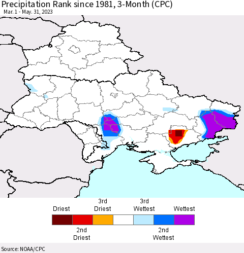 Ukraine, Moldova and Belarus Precipitation Rank since 1981, 3-Month (CPC) Thematic Map For 3/1/2023 - 5/31/2023