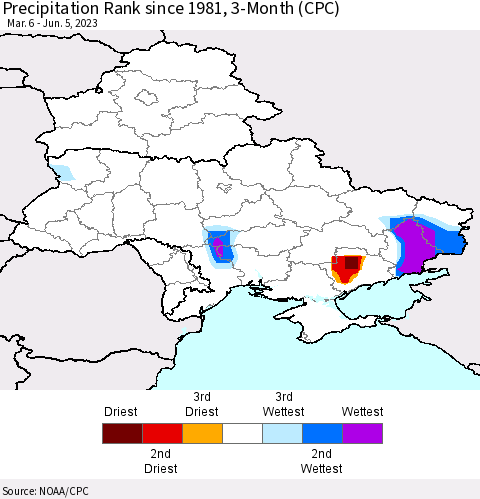 Ukraine, Moldova and Belarus Precipitation Rank since 1981, 3-Month (CPC) Thematic Map For 3/6/2023 - 6/5/2023