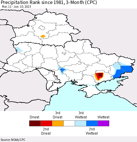 Ukraine, Moldova and Belarus Precipitation Rank since 1981, 3-Month (CPC) Thematic Map For 3/11/2023 - 6/10/2023