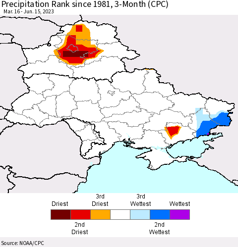 Ukraine, Moldova and Belarus Precipitation Rank since 1981, 3-Month (CPC) Thematic Map For 3/16/2023 - 6/15/2023