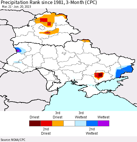 Ukraine, Moldova and Belarus Precipitation Rank since 1981, 3-Month (CPC) Thematic Map For 3/21/2023 - 6/20/2023