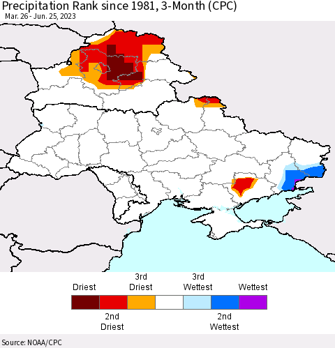 Ukraine, Moldova and Belarus Precipitation Rank since 1981, 3-Month (CPC) Thematic Map For 3/26/2023 - 6/25/2023