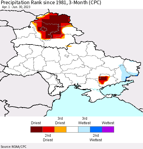 Ukraine, Moldova and Belarus Precipitation Rank since 1981, 3-Month (CPC) Thematic Map For 4/1/2023 - 6/30/2023